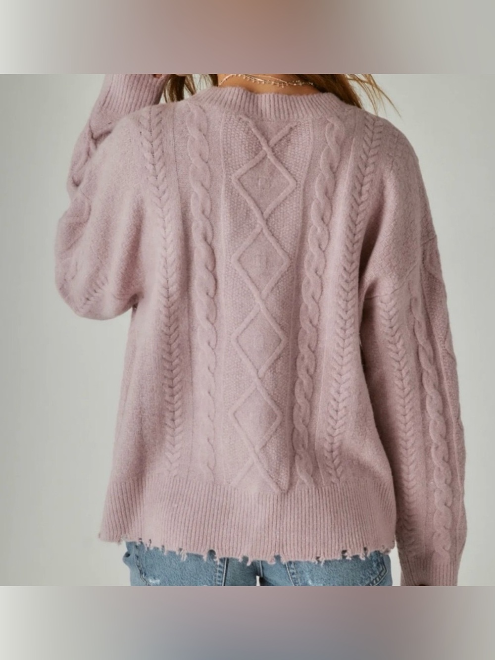 Lucky Brand Dusty Lilac Cable Knit Cardigan Sweater Medium Distressed Hem - Picture 2 of 15